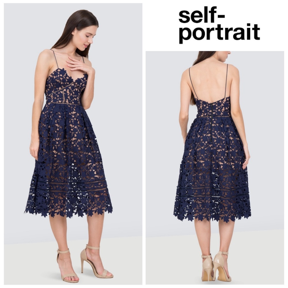 NWOT Self-Portrait Azaelea Lace Midi Dress in Dark Blue